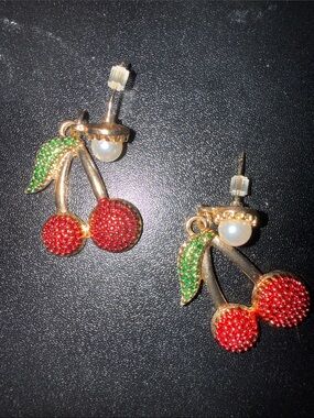 Betsey Johnson Gold-Tone Red Cherry Drop Earrings with Green Leaves